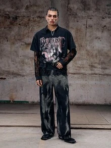 Gothic T-Shirt Men Summer American Street Style Vintage Loose Short Sleeve Topemo Graphic Tee Men Grunge - Black - View 3