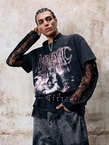 Gothic T-Shirt Men Summer American Street Style Vintage Loose Short Sleeve Topemo Graphic Tee Men Grunge - Black - View 1