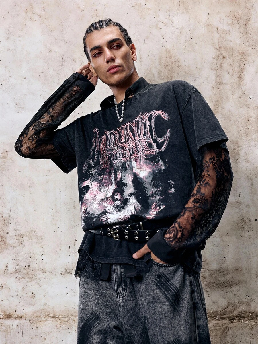 Gothic T-Shirt Men Summer American Street Style Vintage Loose Short Sleeve Topemo Graphic Tee Men Grunge - Black - View 1