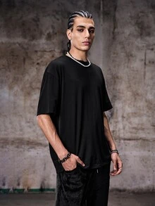 男士翅膀圖案雷射鏤空網布拼接T恤，夏季 emo 風格圖案男士搖滾 T-shirt - 黑色 - 查看 5