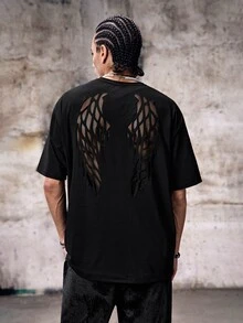 男士翅膀圖案雷射鏤空網布拼接T恤，夏季 emo 風格圖案男士搖滾 T-shirt - 黑色 - 查看 1