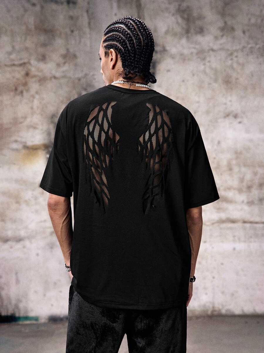 男士翅膀圖案雷射鏤空網布拼接T恤,夏季 emo 風格圖案男士搖滾 T-shirt - 黑色 - 查看 1