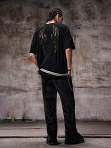 男士翅膀圖案雷射鏤空網布拼接T恤，夏季 emo 風格圖案男士搖滾 T-shirt - 黑色 - 查看 8