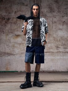 Skyrend Men's Beach Shirt, Vintage Graffiti Minimalist Black Casual Summer XS-XXLemo Grunge - Black - View 3