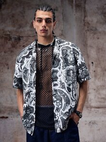 Skyrend Men's Beach Shirt, Vintage Graffiti Minimalist Black Casual Summer XS-XXLemo Grunge - Black - View 5
