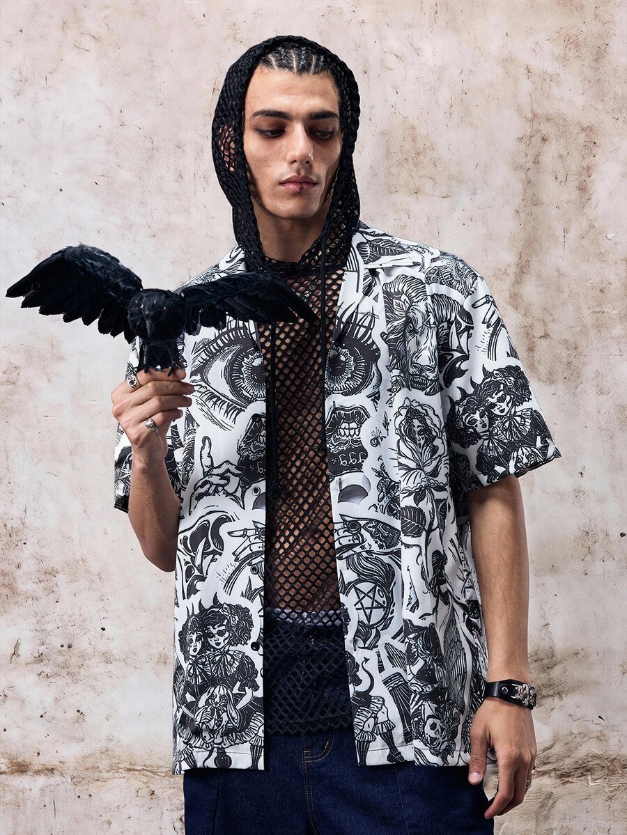 Skyrend Men's Beach Shirt, Vintage Graffiti Minimalist Black Casual Summer XS-XXLemo Grunge - Black - View 1