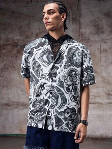 Skyrend Men's Beach Shirt, Vintage Graffiti Minimalist Black Casual Summer XS-XXLemo Grunge - Black - View 4