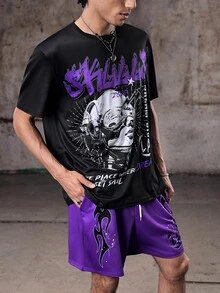 Men's Shirt, Gothic Punk Streetwear Emo Casual Portrait Letter Print, Round Neck Short Sleeve, Spring Summer, Black Purple Graphic Tee Men Grunge - Multicolor - View 6