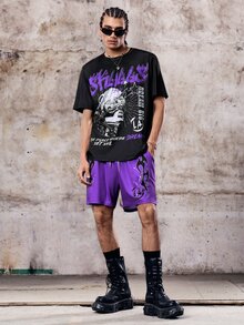 Men's Shirt, Gothic Punk Streetwear Emo Casual Portrait Letter Print, Round Neck Short Sleeve, Spring Summer, Black Purple Graphic Tee Men Grunge - Multicolor - View 1