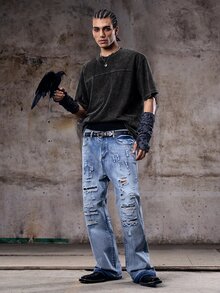Skyrend 男士休閒純色圓領短袖T恤 emo圖案印花T恤 - 黑色 - 查看 3