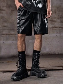 Skyrend Men's Shorts, Gothic Punk Streetwear Emo Solid Color, PU Leather, Drawstring Waist Loose Oversized, Spring Summer, Black - Black - View 4