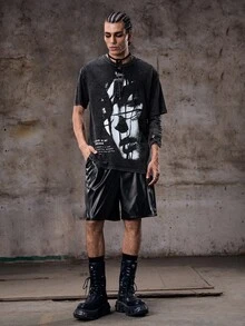 Skyrend Men's Shorts, Gothic Punk Streetwear Emo Solid Color, PU Leather, Drawstring Waist Loose Oversized, Spring Summer, Black - Black - View 3