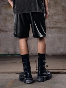 Skyrend Men's Shorts, Gothic Punk Streetwear Emo Solid Color, PU Leather, Drawstring Waist Loose Oversized, Spring Summer, Black - Black - View 2