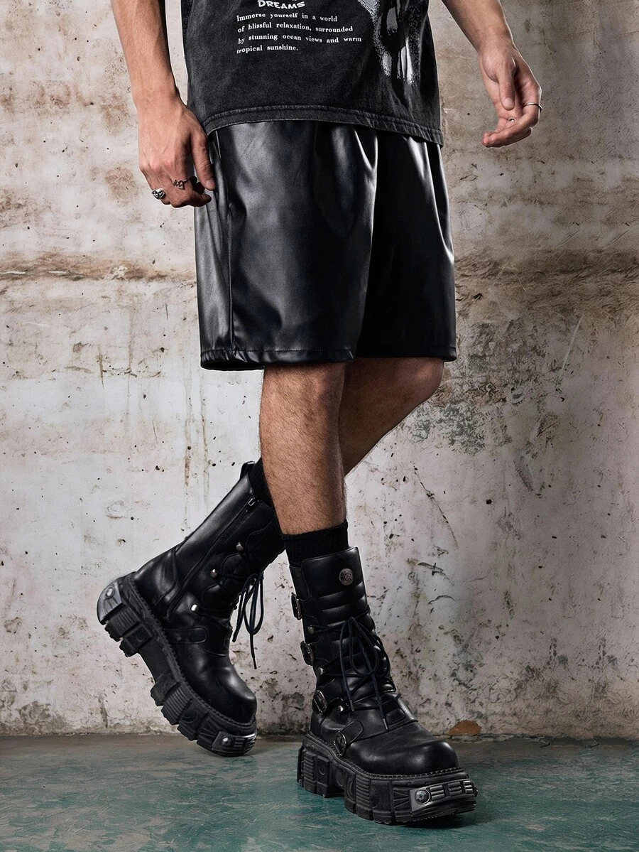 Skyrend Men's Shorts, Gothic Punk Streetwear Emo Solid Color, PU Leather, Drawstring Waist Loose Oversized, Spring Summer, Black - Black - View 1