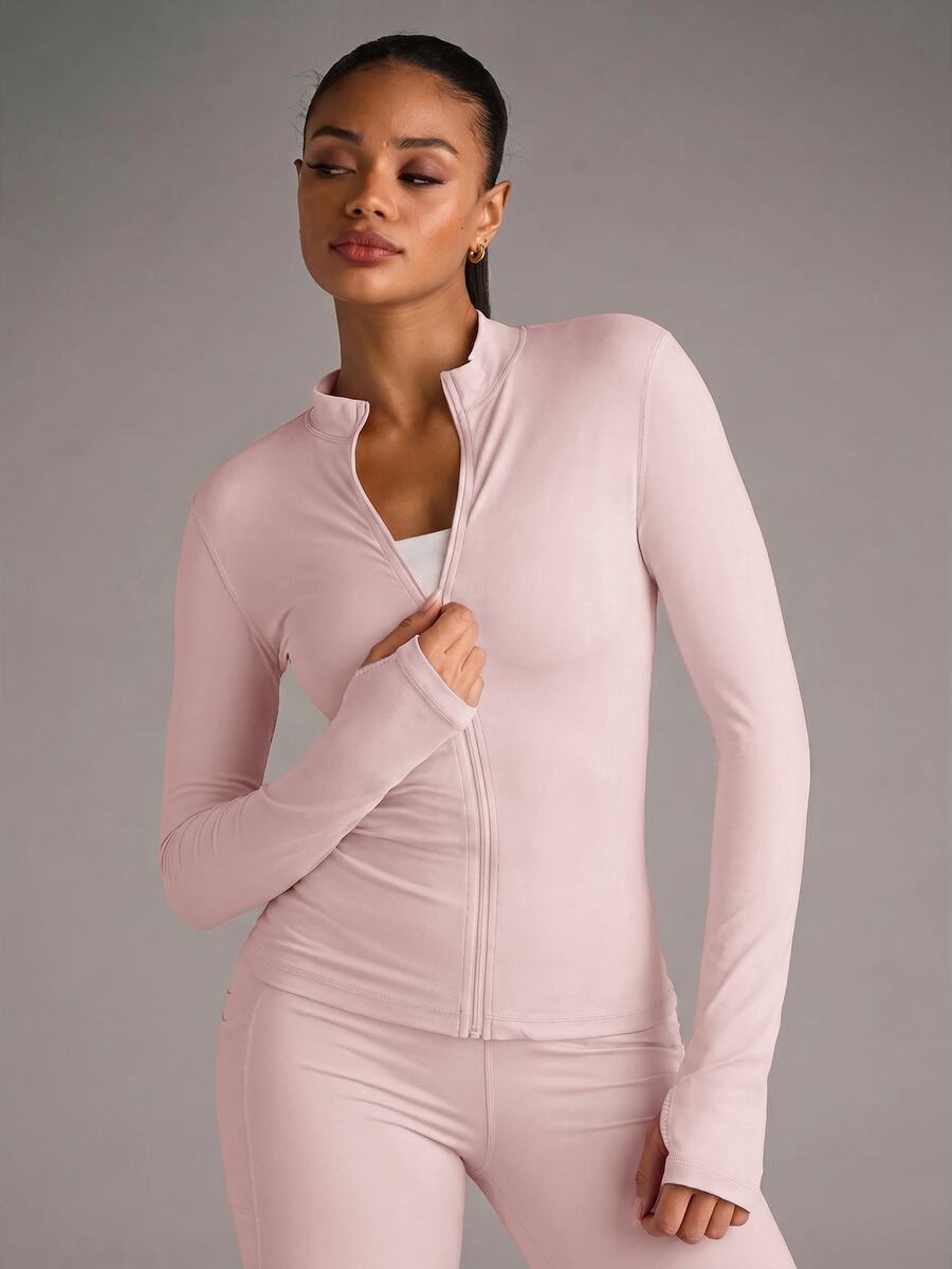 SHEIN BAE 纯色前拉链修身运动夹克 - 粉色 - 查看 1