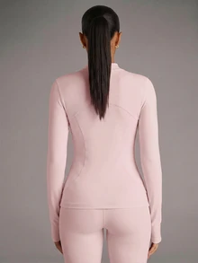 SHEIN BAE 纯色前拉链修身运动夹克 - 粉色 - 查看 2