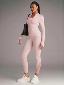 SHEIN BAE 纯色前拉链修身运动夹克 - 粉色 - 查看 7