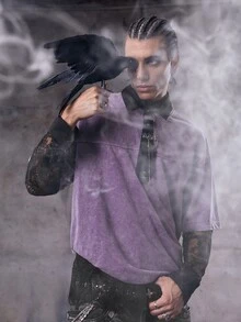 Skyrend Kemeja Pria Gaya Gothic Punk Streetwear Emo Warna Polos Kasual Serbaguna Efek Washed Distressed, Lengan Pendek Longgar Oversized Santai, Kaos Grafis Grunge Pria untuk Musim Semi dan Panas - Purple - View 8