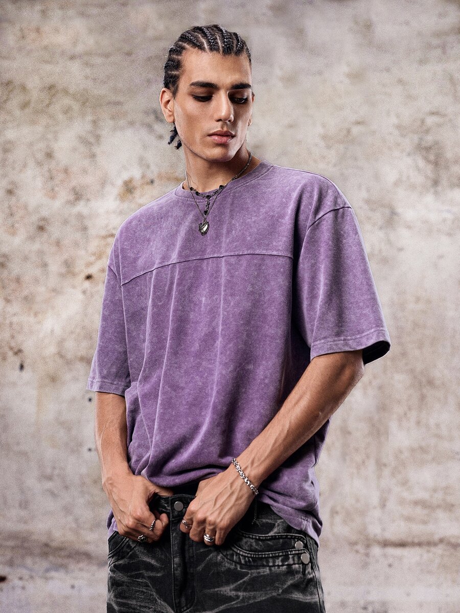 Skyrend Kemeja Pria Gaya Gothic Punk Streetwear Emo Warna Polos Kasual Serbaguna Efek Washed Distressed, Lengan Pendek Longgar Oversized Santai, Kaos Grafis Grunge Pria untuk Musim Semi dan Panas - Purple - View 1