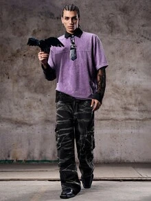 Skyrend Kemeja Pria Gaya Gothic Punk Streetwear Emo Warna Polos Kasual Serbaguna Efek Washed Distressed, Lengan Pendek Longgar Oversized Santai, Kaos Grafis Grunge Pria untuk Musim Semi dan Panas - Purple - View 3