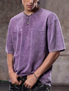 Skyrend Kemeja Pria Gaya Gothic Punk Streetwear Emo Warna Polos Kasual Serbaguna Efek Washed Distressed, Lengan Pendek Longgar Oversized Santai, Kaos Grafis Grunge Pria untuk Musim Semi dan Panas - Purple - View 6