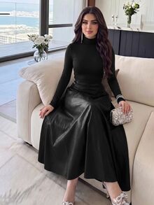 Modelyn 女式纯色简约高领长袖中长连衣裙，休闲日常穿着 - 黑色 - 查看 5