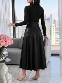 Modelyn 女式纯色简约高领长袖中长连衣裙，休闲日常穿着 - 黑色 - 查看 2