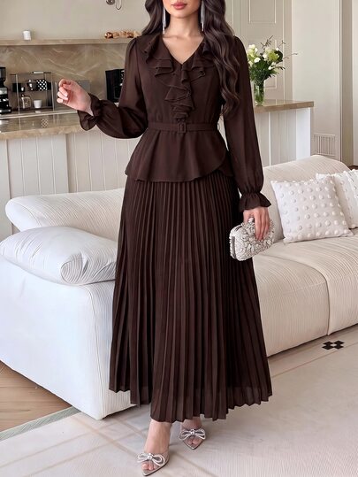 Feyla Women's Solid Color Ruffle Trim Casual Romantic Elegant Party Dinner Date Night Long Commuter,Autumn Women Clothes Dark Brown