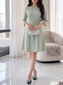 Feyla 女款優雅時尚3D花卉裝飾優雅洋裝 - 綠色 - 查看 5