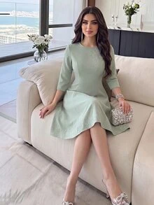 Feyla 女款優雅時尚3D花卉裝飾優雅洋裝 - 綠色 - 查看 1