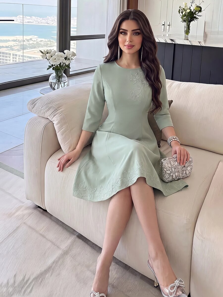 Feyla 女款優雅時尚3D花卉裝飾優雅洋裝 - 綠色 - 查看 1