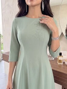 Feyla 女款優雅時尚3D花卉裝飾優雅洋裝 - 綠色 - 查看 2