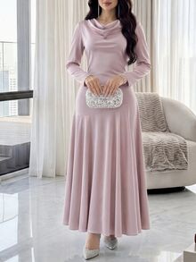 Feyla Women's Cowl Neck Minimalist Romantic Long Sleeve Evening Dress Elegant Sophisticated Wedding Dinner Night Garden Party Graduation College Pink Autumn - Pink - View 4