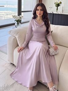 Feyla Women's Cowl Neck Minimalist Romantic Long Sleeve Evening Dress Elegant Sophisticated Wedding Dinner Night Garden Party Graduation College Pink Autumn - Pink - View 1