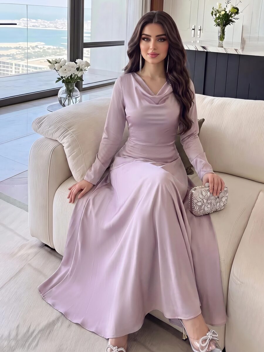 Feyla Women's Cowl Neck Minimalist Romantic Long Sleeve Evening Dress Elegant Sophisticated Wedding Dinner Night Garden Party Graduation College Pink Autumn - Pink - View 1