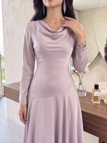 Feyla Women's Cowl Neck Minimalist Romantic Long Sleeve Evening Dress Elegant Sophisticated Wedding Dinner Night Garden Party Graduation College Pink Autumn - Pink - View 5