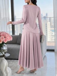 Feyla Women's Cowl Neck Minimalist Romantic Long Sleeve Evening Dress Elegant Sophisticated Wedding Dinner Night Garden Party Graduation College Pink Autumn - Pink - View 3