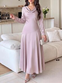 Feyla Women's Cowl Neck Minimalist Romantic Long Sleeve Evening Dress Elegant Sophisticated Wedding Dinner Night Garden Party Graduation College Pink Autumn - Pink - View 2