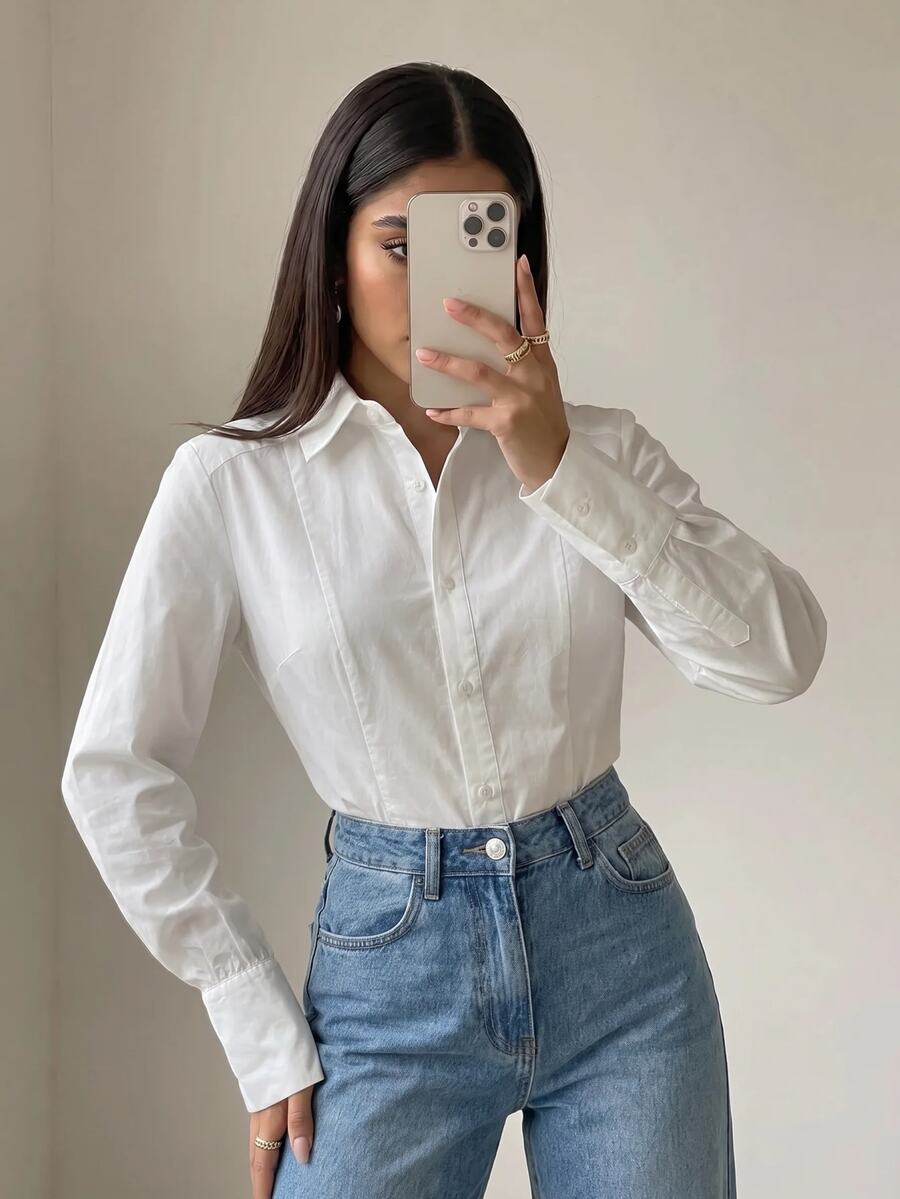 Heiryn 女款純色單排扣休閒優雅百搭日常通勤襯衫,秋季女裝教師節辦公商務白色 - 白色 - 查看 1