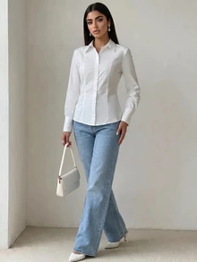 Heiryn 女款純色單排扣休閒優雅百搭日常通勤襯衫，秋季女裝教師節辦公商務白色 - 白色 - 查看 4