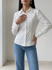 Heiryn 女款純色單排扣休閒優雅百搭日常通勤襯衫，秋季女裝教師節辦公商務白色 - 白色 - 查看 8