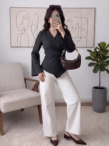 Solavon Blusa cruzada elegante y casual de rayas grises para mujer, ropa de otoño para el Día del Maestro, oficina, cena y negocios - Negro - Ver 6