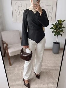 Solavon Blusa cruzada elegante y casual de rayas grises para mujer, ropa de otoño para el Día del Maestro, oficina, cena y negocios - Negro - Ver 7