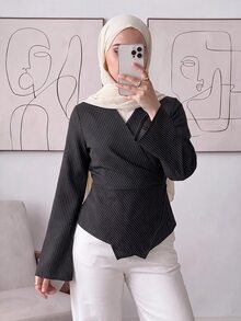 Solavon Blusa cruzada elegante y casual de rayas grises para mujer, ropa de otoño para el Día del Maestro, oficina, cena y negocios - Negro - Ver 5