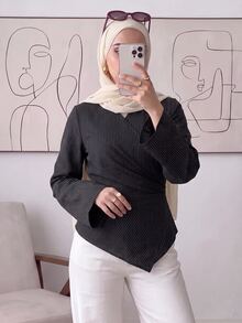 Solavon Blusa cruzada elegante y casual de rayas grises para mujer, ropa de otoño para el Día del Maestro, oficina, cena y negocios - Negro - Ver 1