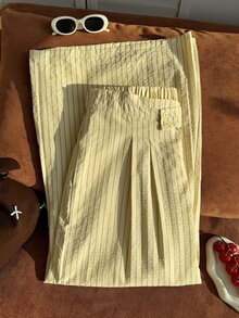 Comfortcana 大尺碼休閒傳統西式極簡風棕色側扣腰寬腿西裝長褲 適合辦公室、早午餐、正式場合、夏季 - 淡黃色 - 查看 3