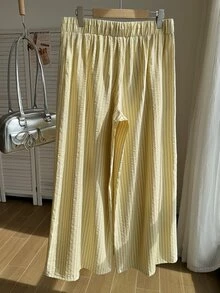 Comfortcana 大尺碼休閒傳統西式極簡風棕色側扣腰寬腿西裝長褲 適合辦公室、早午餐、正式場合、夏季 - 淡黃色 - 查看 2