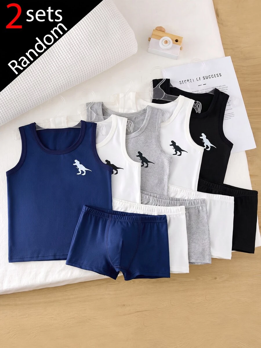 2 Random Sets Basic Undershirt Multi-Piece Set For Boys Toddlers, White Tank Top And Boxer Briefs, S Autumn Fall - Multicolor - View 1