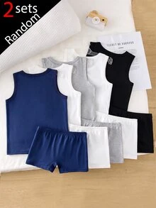 2 Random Sets Basic Undershirt Multi-Piece Set For Boys Toddlers, White Tank Top And Boxer Briefs, S Autumn Fall - Multicolor - View 2