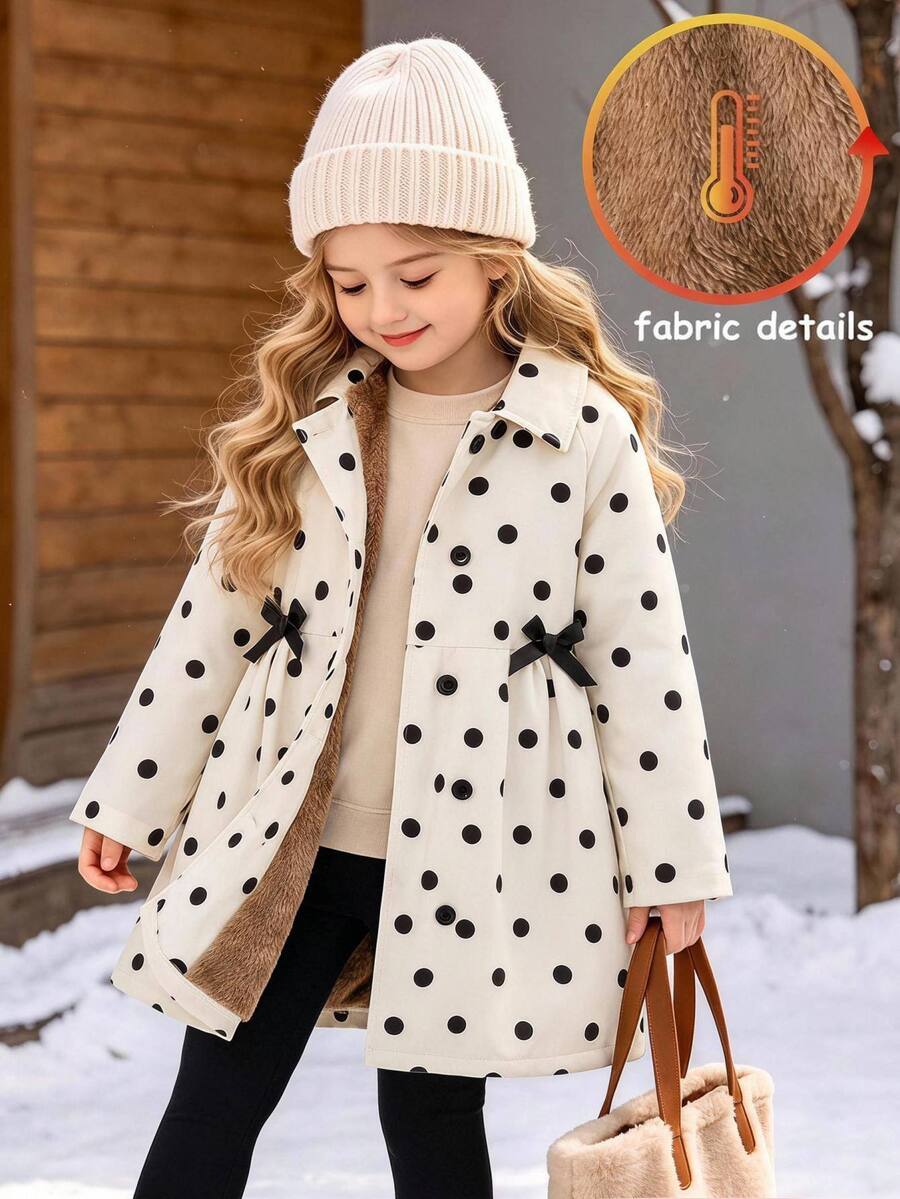 SHEIN Elladie kids 女童波點圖案長袖單排扣蝴蝶結裝飾夾克，返校季秋季休閒日常穿搭